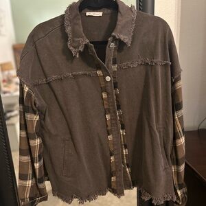 Ces Femme Brown Jean Jacket with Plaid Accents